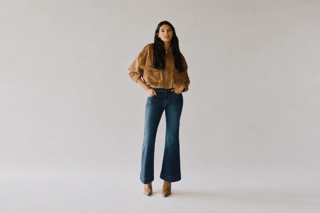 Model dunkler Angels Bootcut Jeans mit Stiefeletten und beiger Jacke.