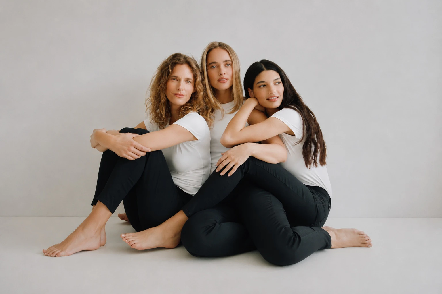 Drei Frauen in schwarzen Angels Skinny Jeans und weißen T-shirts