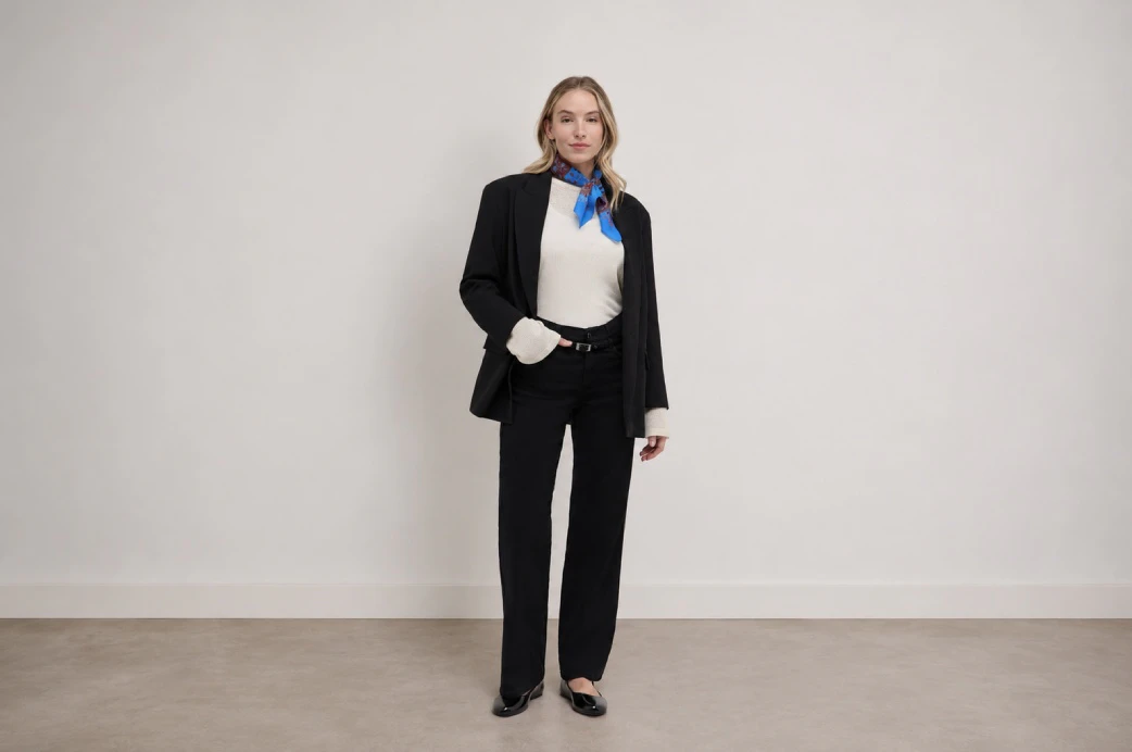 Model in schwarzer Wide Leg Hose mit Blazer und blauem Halstuch