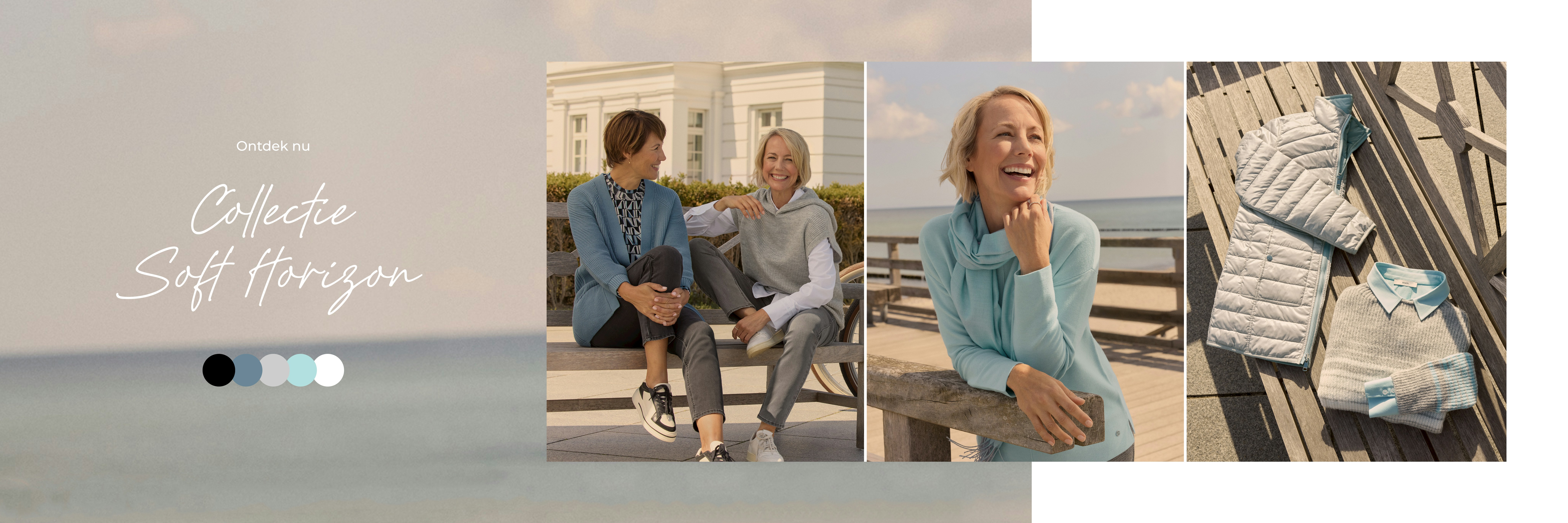 Bonita overgangskleding-  Shirt met lange mouwen en print, zwarte jeans en lang vest Blouse met grijze coltrikot en jeans in dezelfde kleur  Hemelsblauwe trui met sjaal in dezelfde kleur  en geruite sigarettenbroek  Grijs-zilveren jas en grijze trui met blauwe blouse