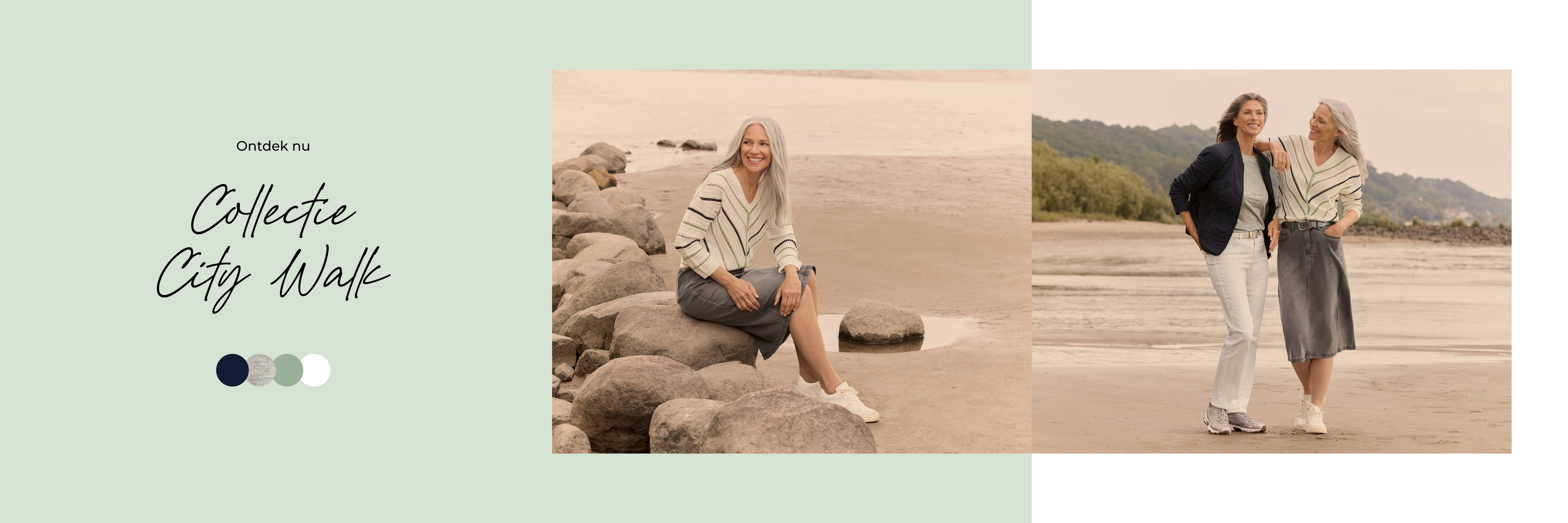 Bonita Late zomeroutfit op het strand - Trui met streepjesmotief & spijkerrok  Bonita Late zomeroutfit op het strand - Licht gewatteerd jasje, grijs shirt en witte broek