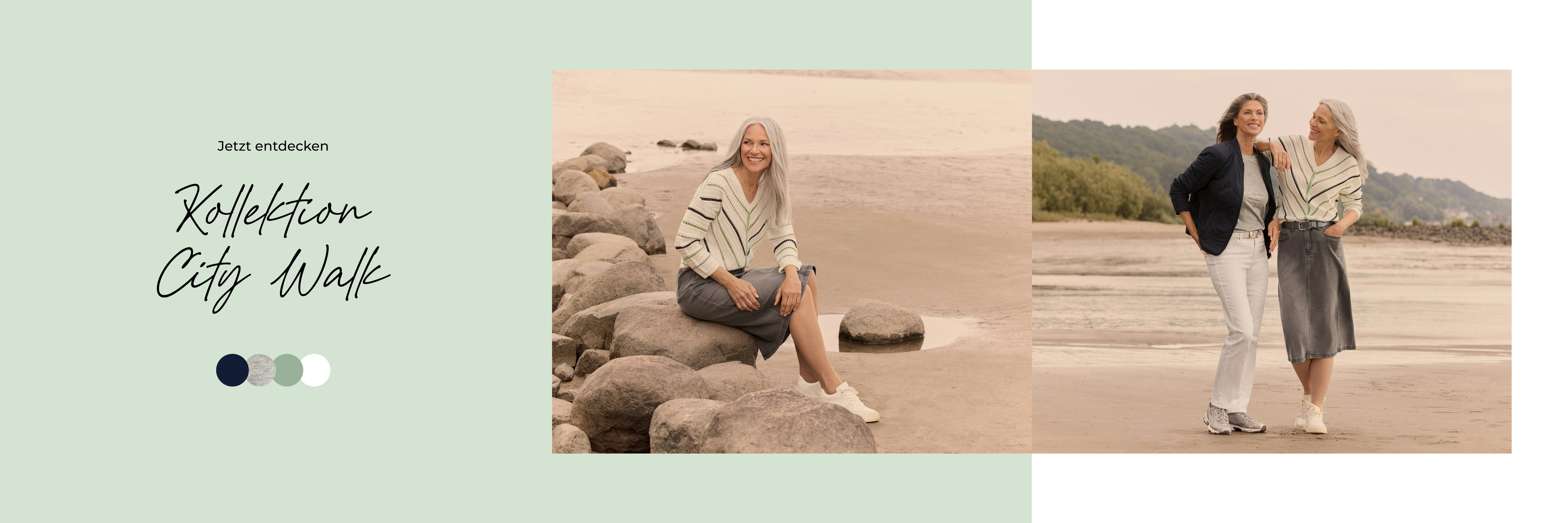 Bonita Spätsommeroutfit am Strand - Pullover mit Streifen-Design & Denim Rock  Bonita Spätsommeroutfit am Strand - Leichte Steppjacke, graues Shirt und weiße Hose