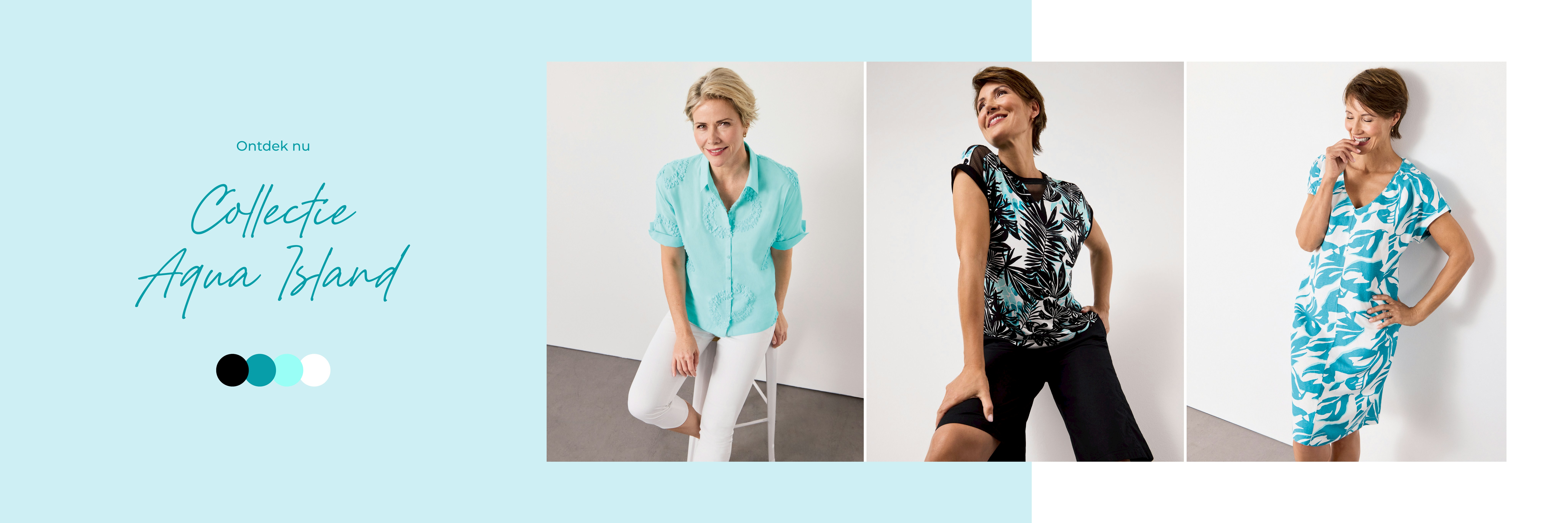 Bonita zomeroutfit - Hemelsblauwe blouse met witte broek  Bonita zomeroutfit - T-shirt met palmboomdesign & korte zwarte broek  Bonita zomeroutfit - Blauw-witte jurk met bloemendesign