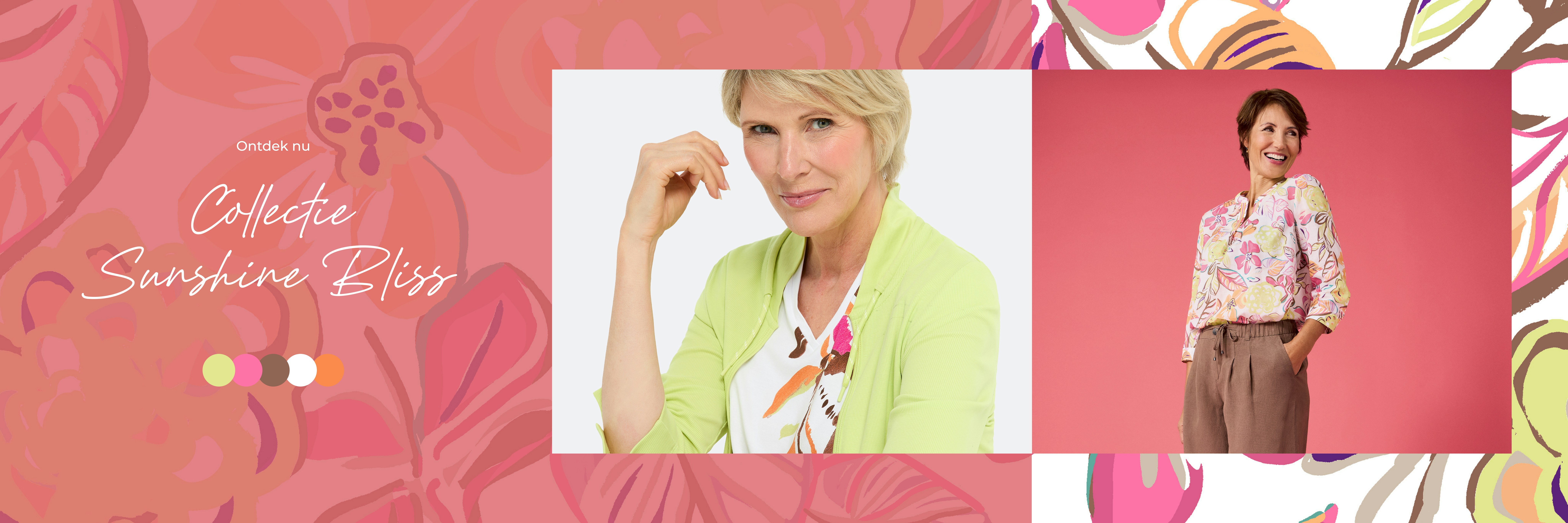 Bonita lente-outfit - Wit shirt met bloemenpatroon & geelgroene jersey jas  Bonita lente-outfit - Blouse met bloemenmotief & bruine broek