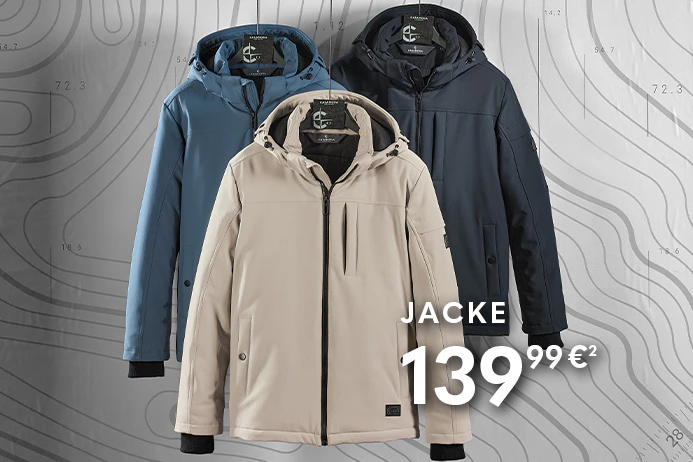 Drei CASAMODA Herrenjacken mit Kapuze in Beige, Blau und Dunkelblau mit Reißverschluss und praktischen Taschen.