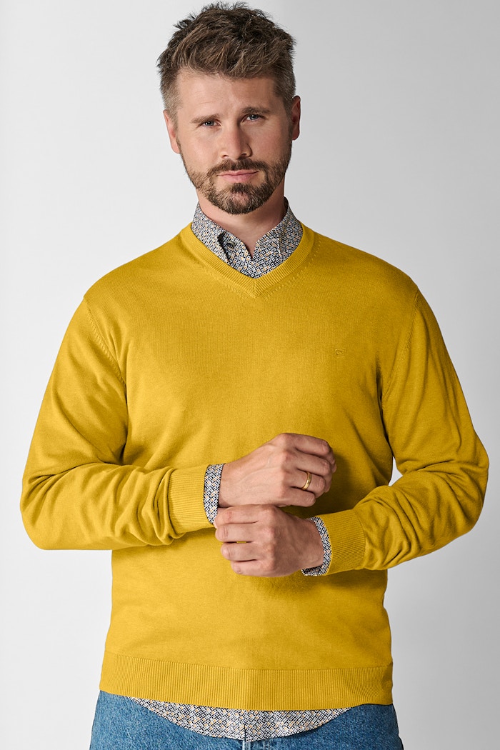 Thore Schölermann zeigt einen gelben V-Pullover von Casamoda