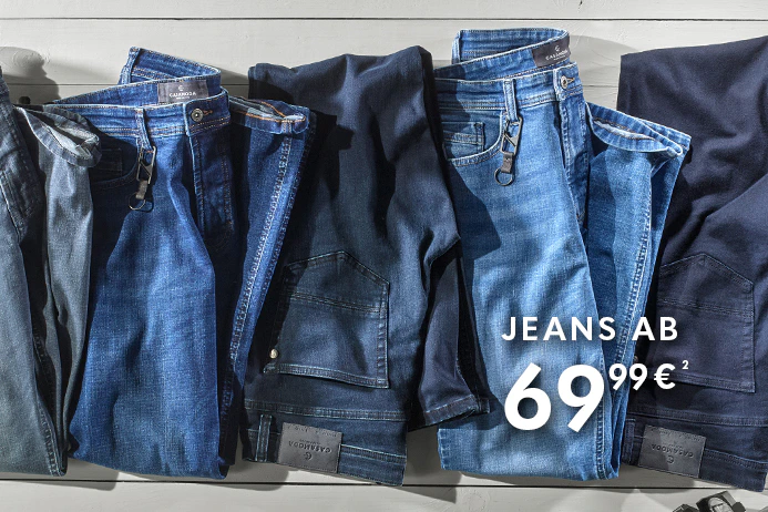 Verschiedene Herren-Jeans in Blau und Dunkelblau mit dem Angebot „Jeans ab 69,99 €“.