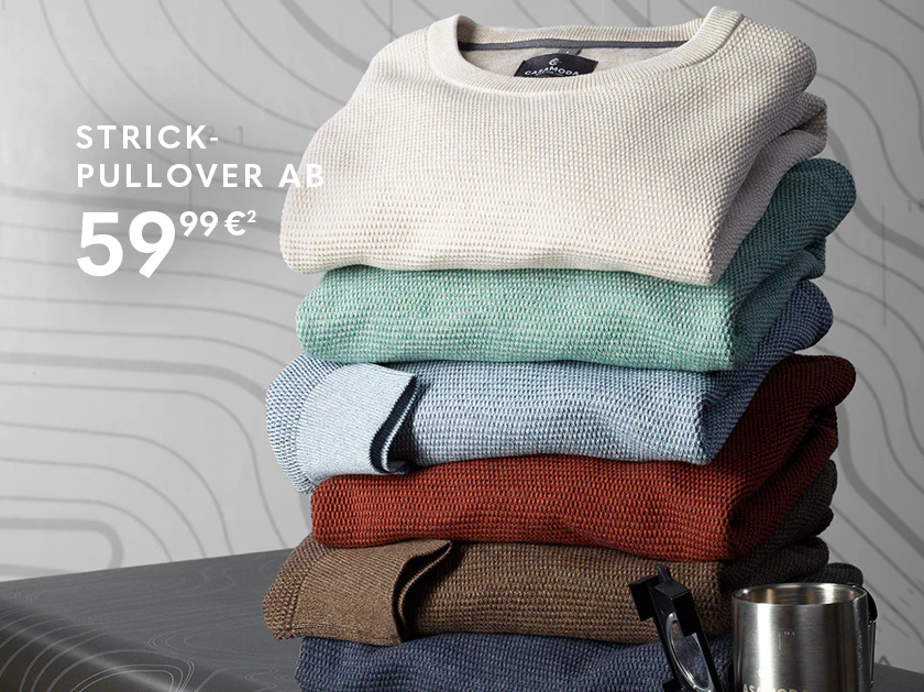 Gefaltete Herren-Strickpullover in Beige, Grün, Hellblau, Rostrot und Braun.