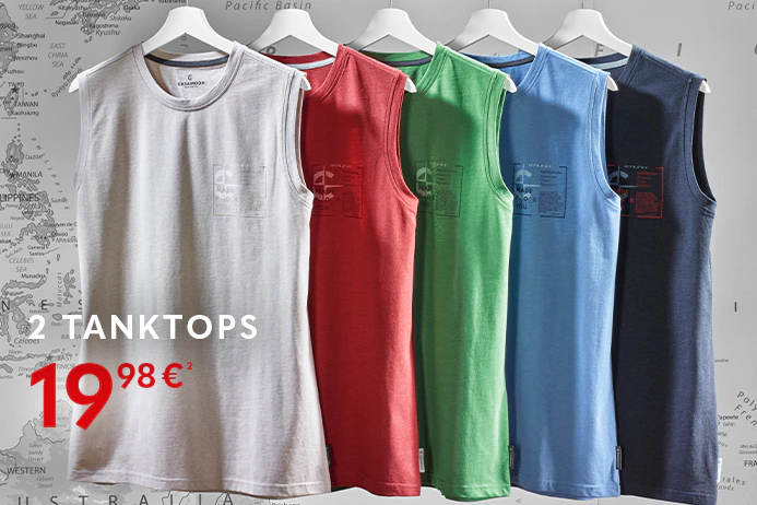 Fünf ärmellose Herren-Tanktops in Weiß, Koralle, Grün, Hellblau und Dunkelblau hängen auf einer Kleiderstange.
