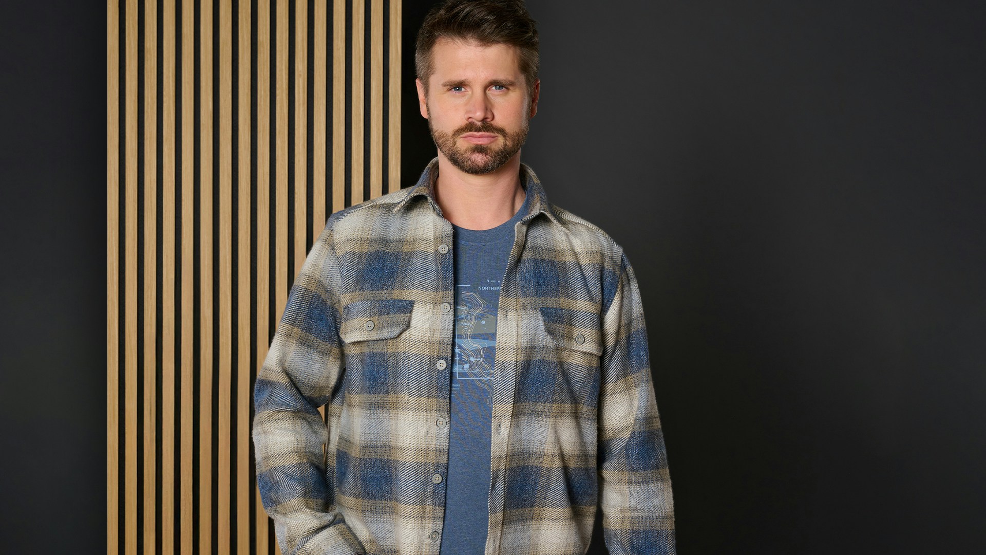 Thore  Schölermann mit einer karierten Hemdjacke  von CASAMODA