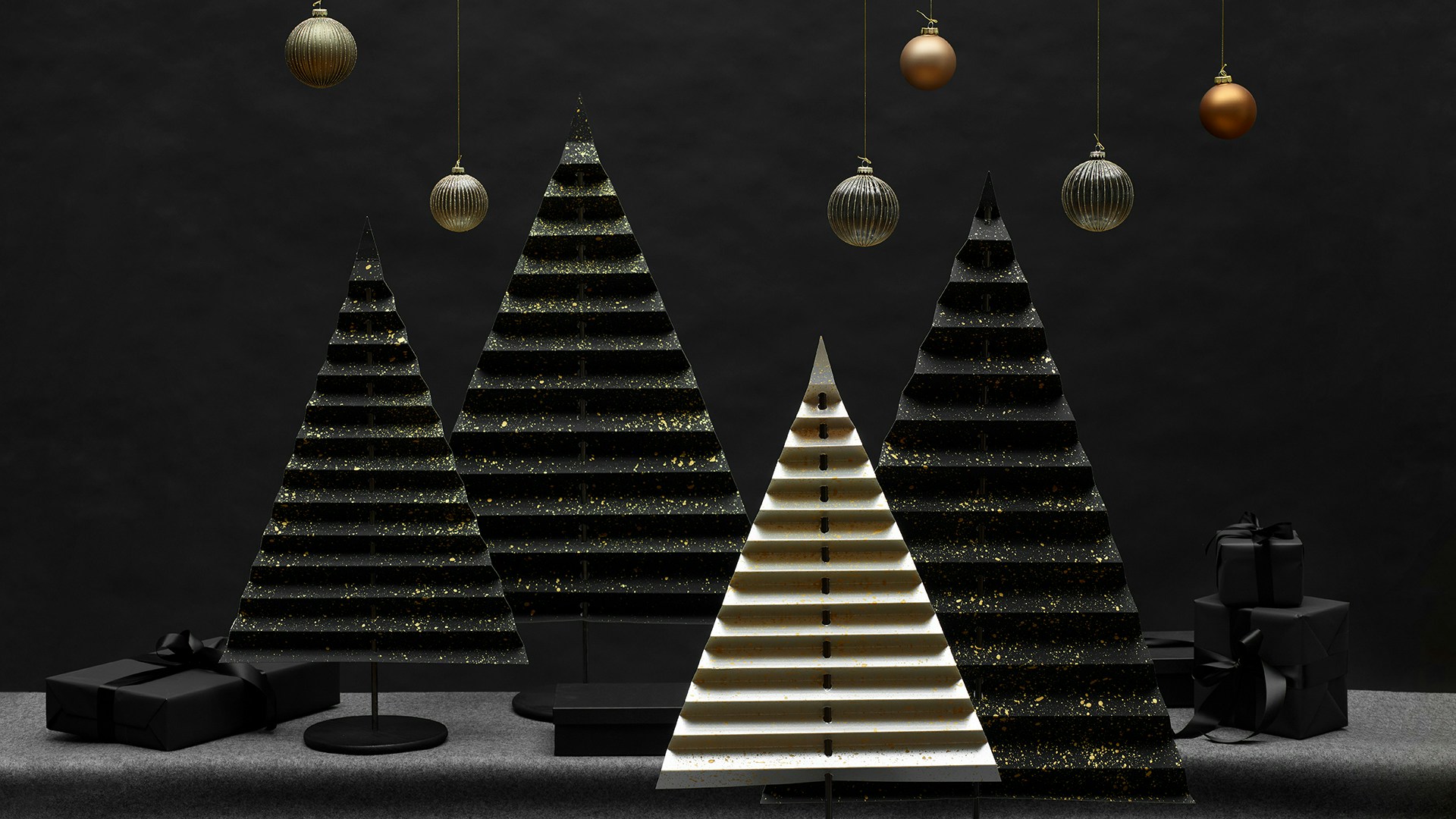 Grafik mit drei grünen und beigen Tannenbäumen und Geschenkboxen im Hintergrund