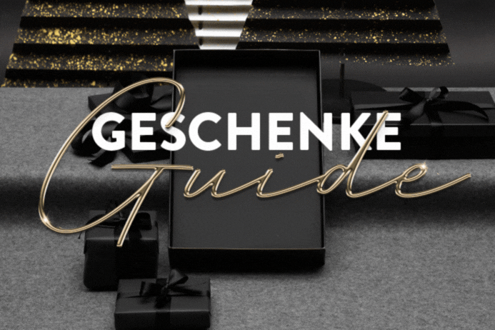 schwarze Geschenkeboxen mit der Überschrift Geschenke Guide