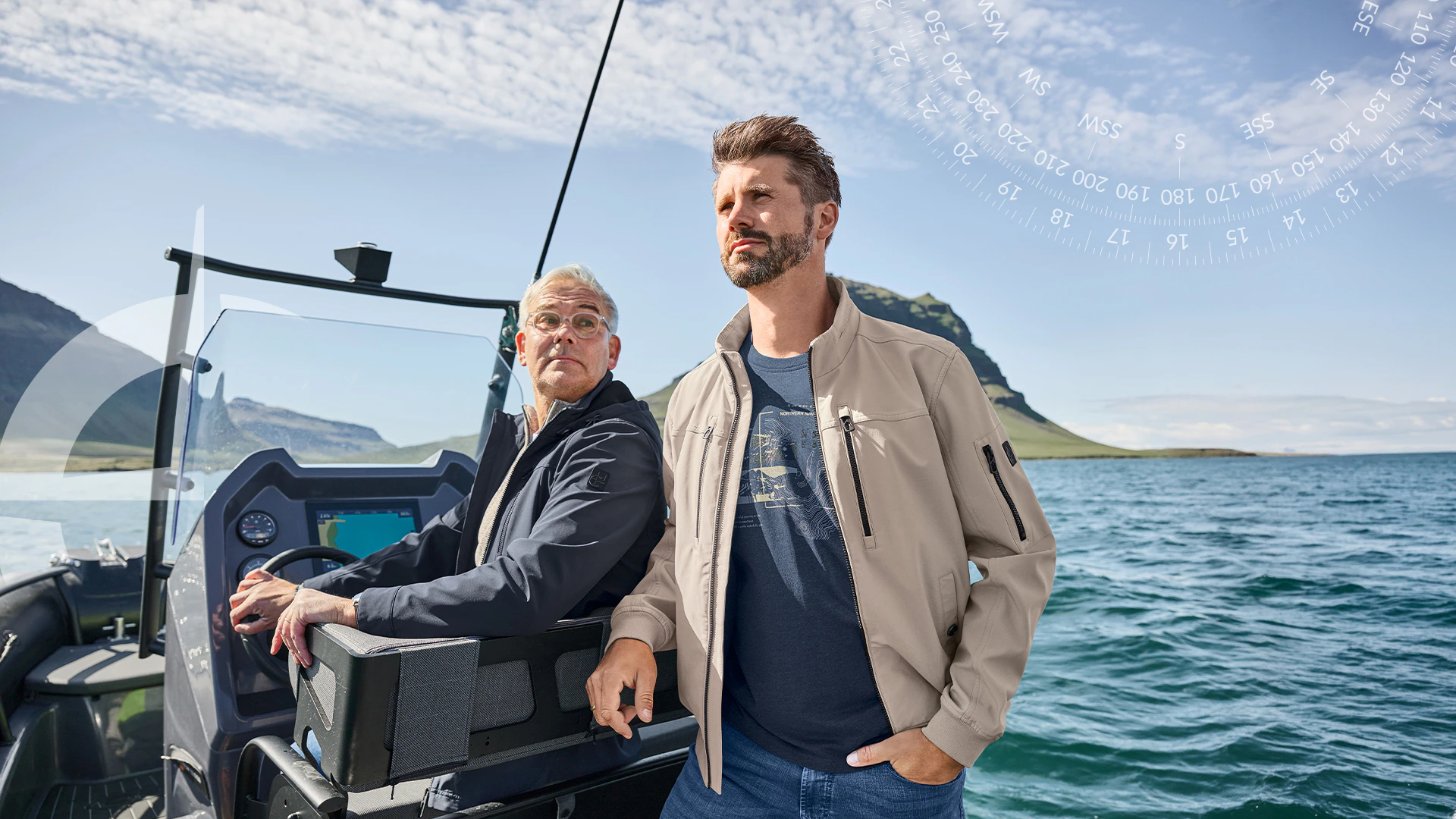 Zwei Männer in einem Jeep, Mann im hellen Blouson und Mann in blauer Jacke