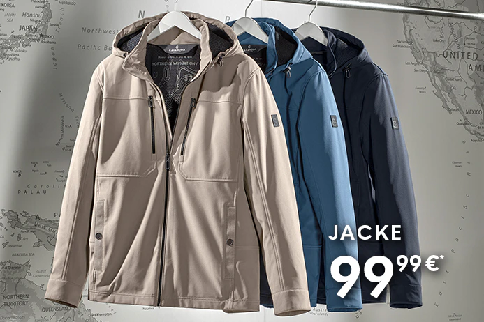 CASAMODA Herrenjacken mit Kapuze in Beige, Hellblau und Dunkelblau an einer Kleiderstange