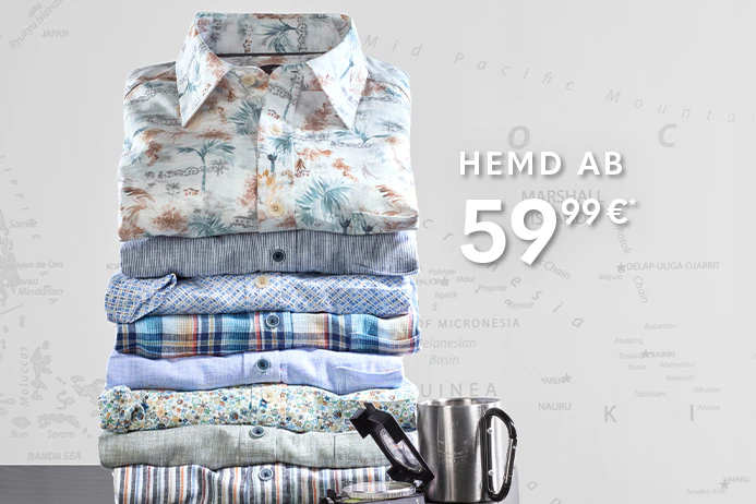 Gestapelte CASAMODA Herrenhemden in Blau-, Beige- und Naturtönen mit floralen, karierten und gestreiften Designs