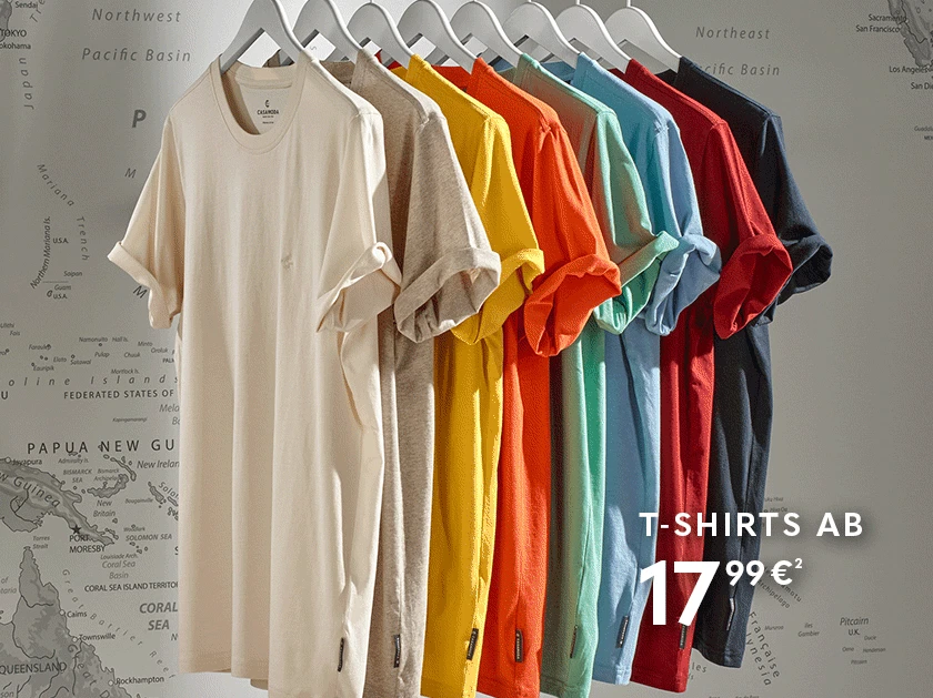 GIF aus zwei Bildern bestehend aus mehreren einfarbigen T-Shirts in verschiedenen Farben und mehreren gesteppten Westen in Grün, Blau und Dunkelblau