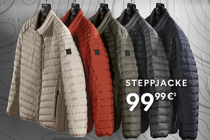Herren-Steppjacken in Beige, Rot, Olivgrün, Grau und Dunkelblau.