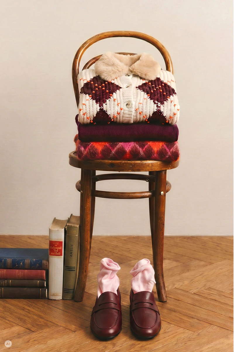 A pile of knitted garments on a wooden chair, including a cream-coloured cardigan, a burgundy jumper and a patterned knitted top; in front of them, brown loafers with pink socks.