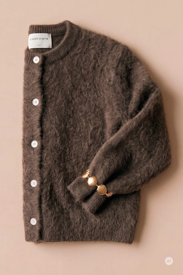 A dark brown, fluffy cashmere cardigan with a round neckline, white buttons and ribbed cuffs, complemented by a gold shell bracelet. The cardigan is shown against a beige background.