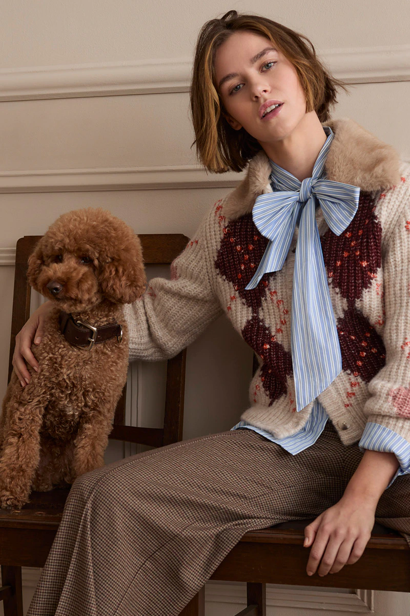 Model trägt einen gemusterten Strickpullover über einer gestreiften Bluse mit Schleife und einen karierten Rock. Neben ihr sitzt ein brauner Hund.