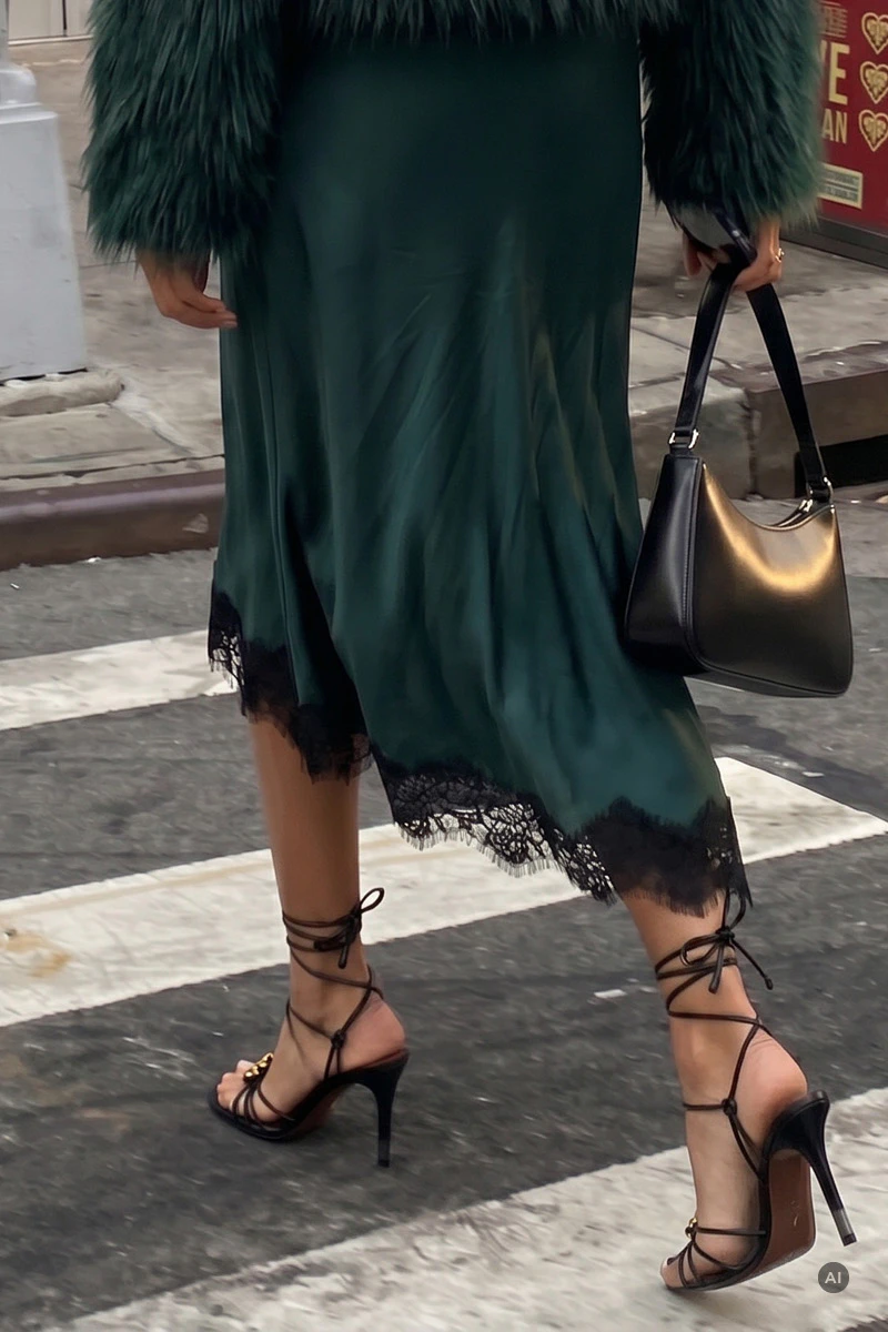 Dark green satin skirt with black lace and a black pocket