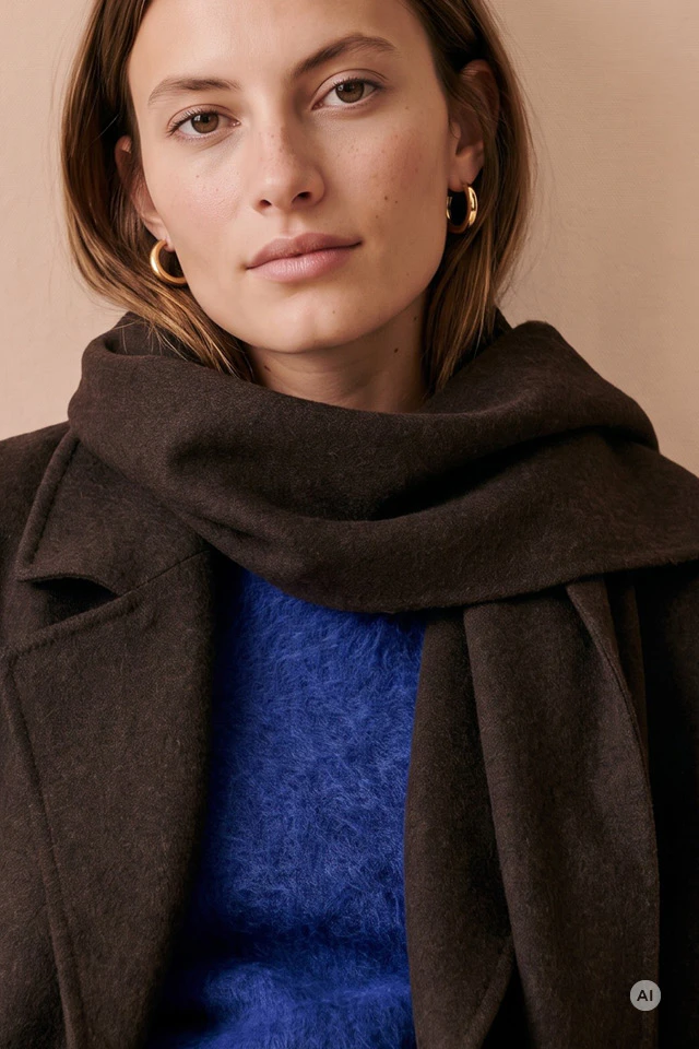 A close-up of a dark brown coat with a matching scarf worn over a cobalt blue knitted jumper. Gold hoop earrings complete the look against a beige background.
