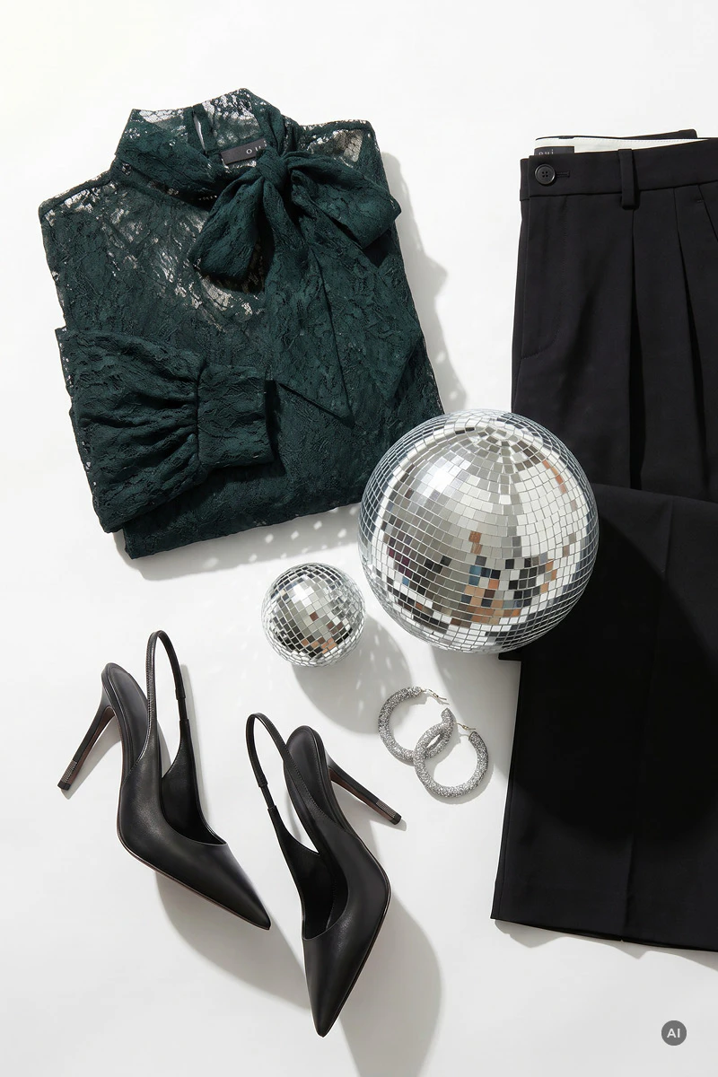 Dunkelgrüne Spitzenbluse mit Schleife und schwarzer Hose