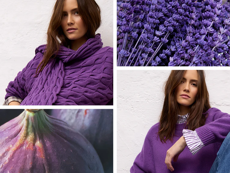 Trendbeitrag von Oui zur Farbe Lila mit Strickpullover, Schal und Bluse in Violetttönen