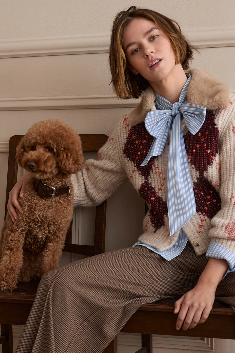 The model is wearing a patterned knitted jumper over a striped blouse with a bow and checked trousers. A brown dog is sitting next to her.