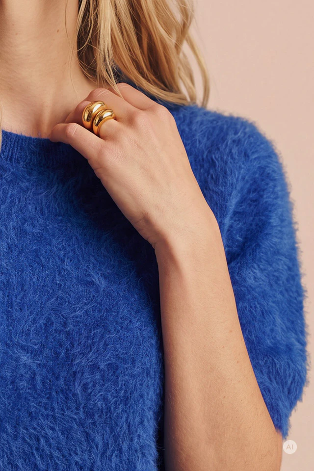 Detailaufnahme eines flauschigen kobaltblauen Strickpullovers mit weicher Oberflächenstruktur und einer goldfarbenen, mehrlagigen Statement-Ringkombination an der Hand des Models.
