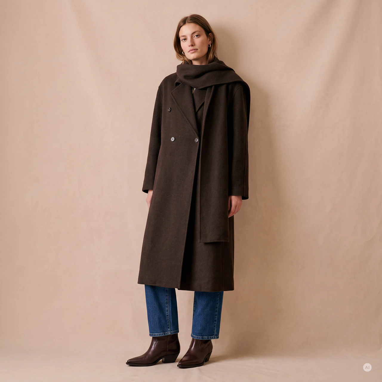 Model trägt einen langen, dunkelbraunen, zweireihigen Mantel mit passendem Schal, eine blaue Jeans und dunkelbraune Stiefeletten.