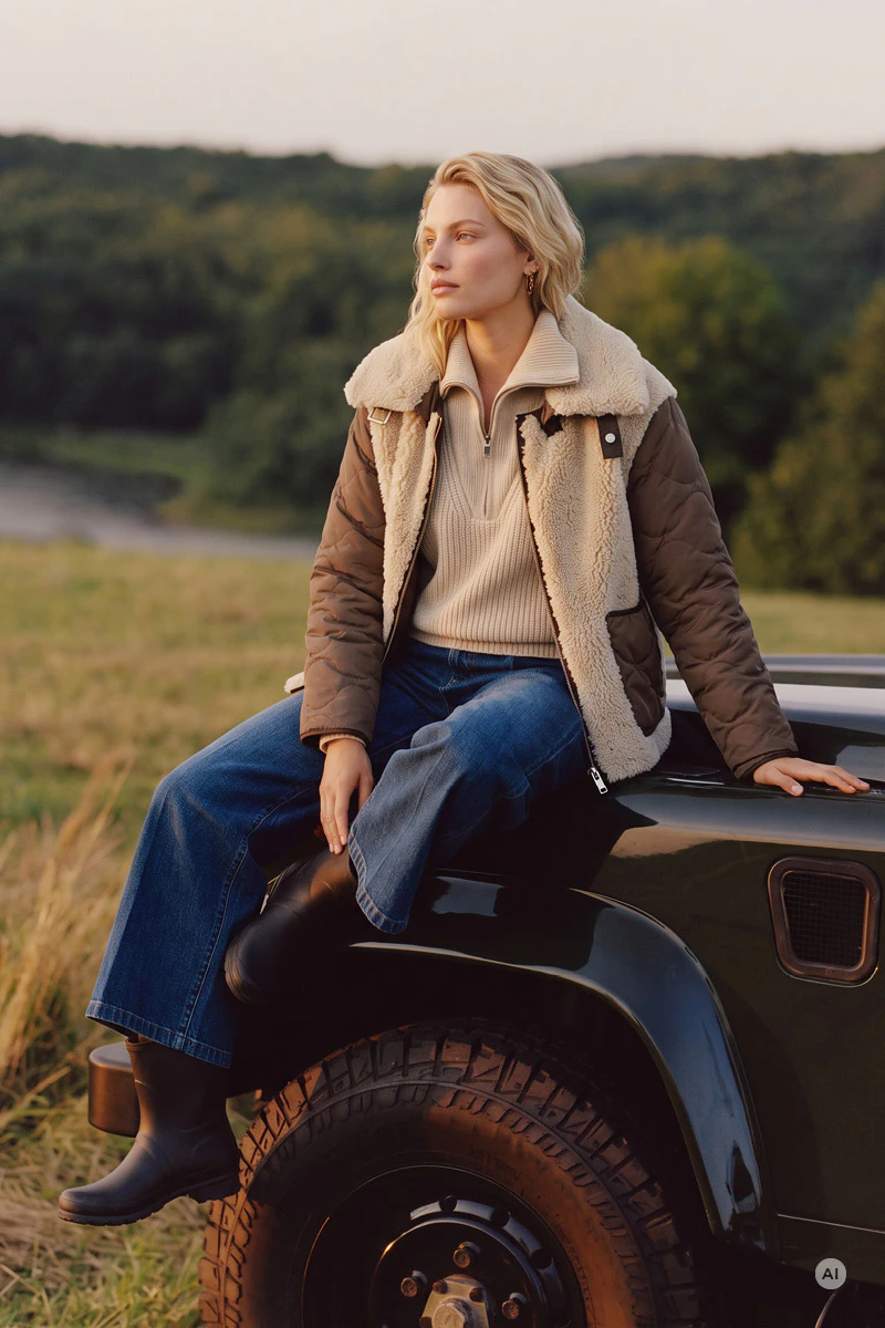 Damenmode im Herbst: Model trägt einen beigefarbenen Strickpullover unter einer braunen Steppjacke mit Teddyfell-Details, dazu eine dunkelblaue Jeans und schwarze Stiefel. Die Aufnahme zeigt sie sitzend auf einem Geländewagen vor einer herbstlichen Landschaft.