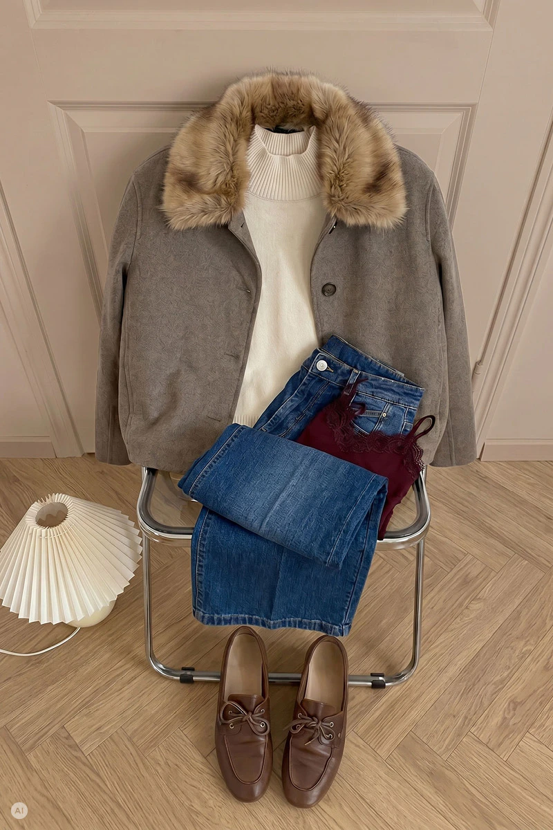 A beige blazer with a fur collar and a cream-coloured knitted jumper, paired with jeans, a burgundy scarf and brown loafers.