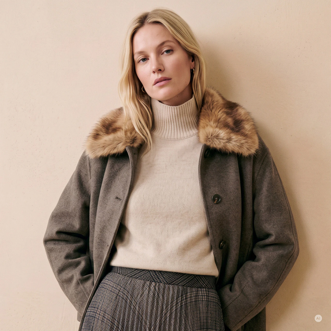 A model is wearing a taupe-coloured jacket with a voluminous fur collar, a cream-coloured roll-neck jumper and a brown-and-grey checked skirt against a beige background.