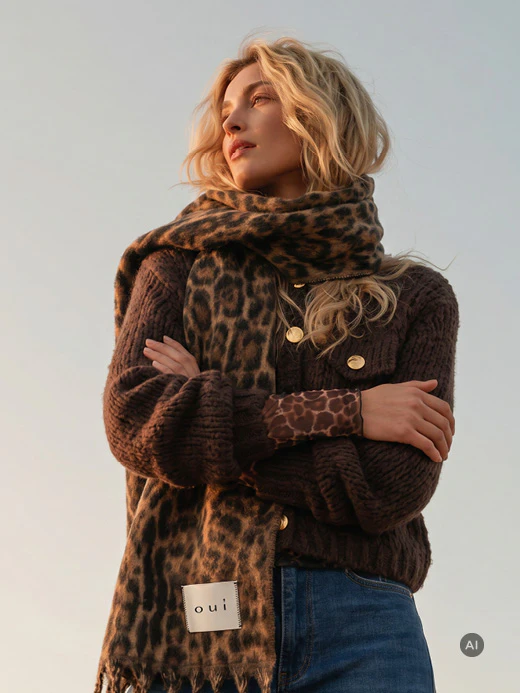 Damenmode: Model trägt eine dunkelbraune Strickjacke mit goldfarbenen Knöpfen, einen auffälligen Leo-Schal und eine blaue Jeans. Die Aufnahme zeigt den Look vor einem hellen, neutralen Hintergrund.