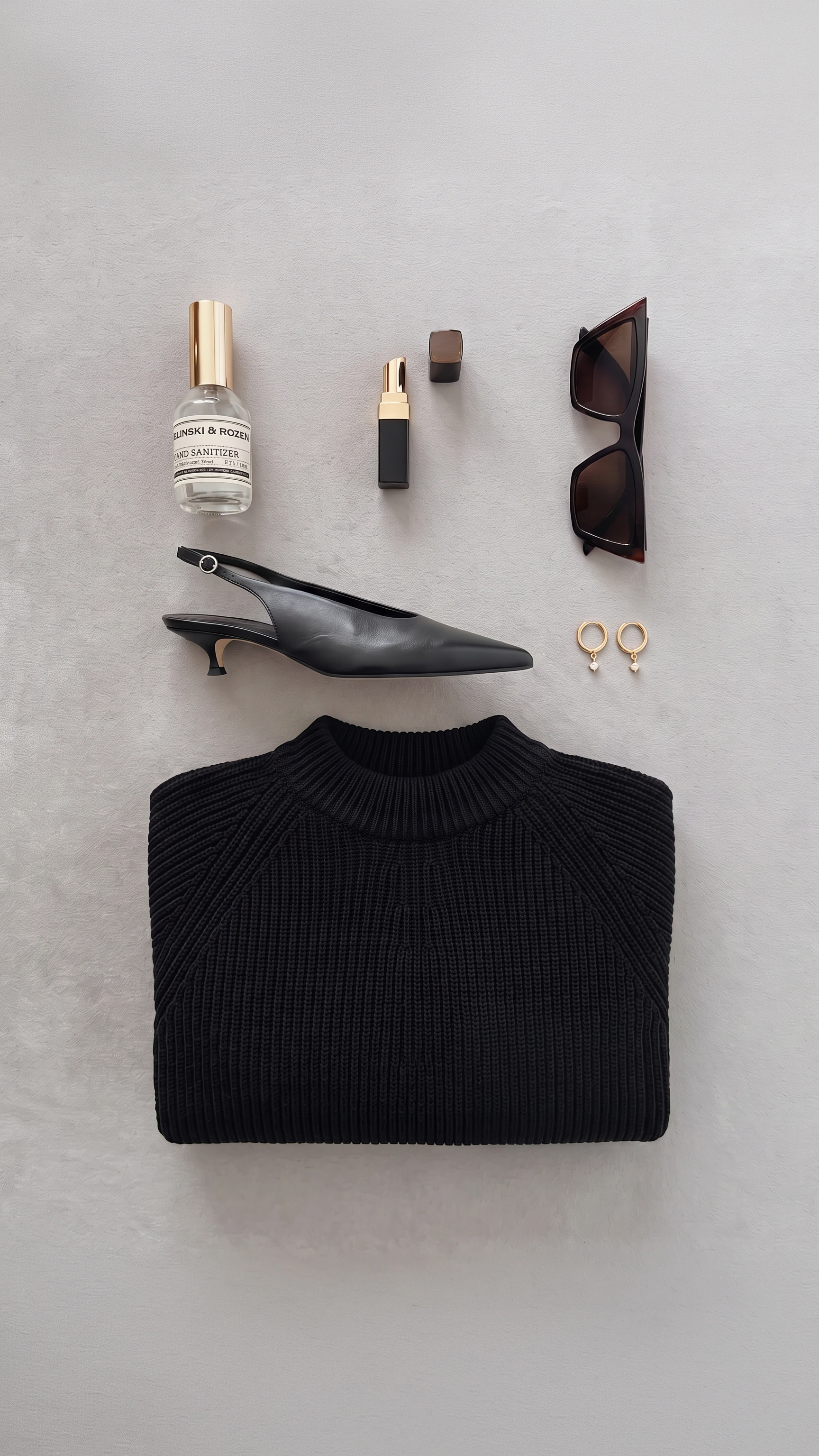 Oui Essentials: Schwarzer gerippter Pullover mit Rollkragen, Slingback-Pumps, Sonnenbrille und Schmuck.
