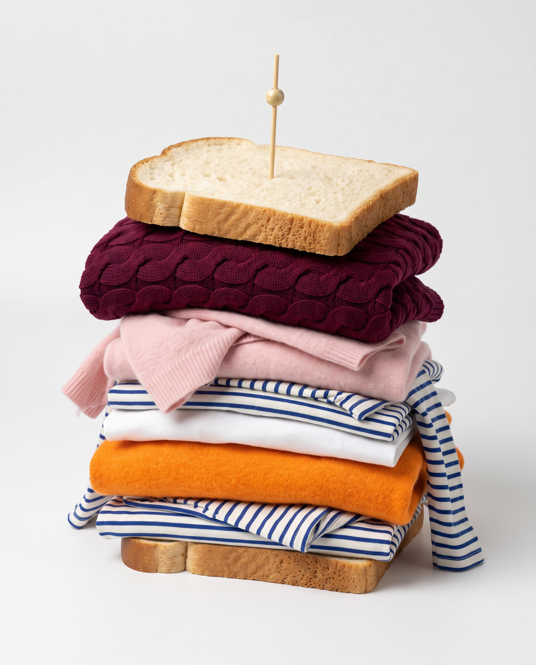 Oui Essentials: Stapel aus farbigen Pullovern und Shirts mit gestreiften Details.