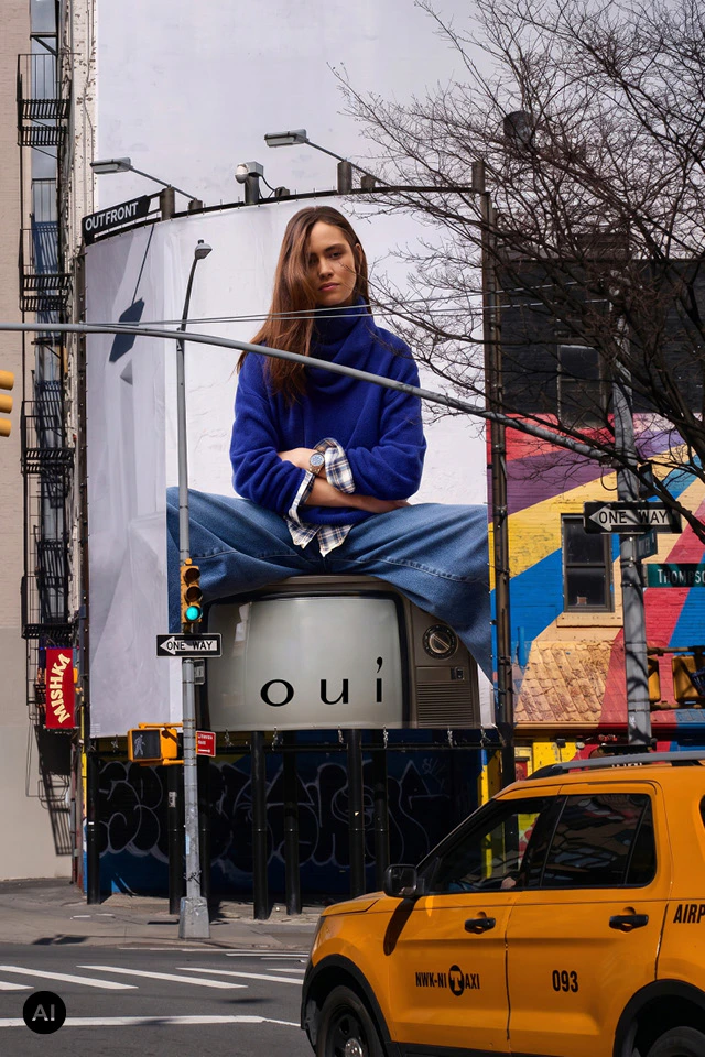 Model in blauem Oversize-Pullover und Jeans vor einer Oui-Werbekampagne in New York.