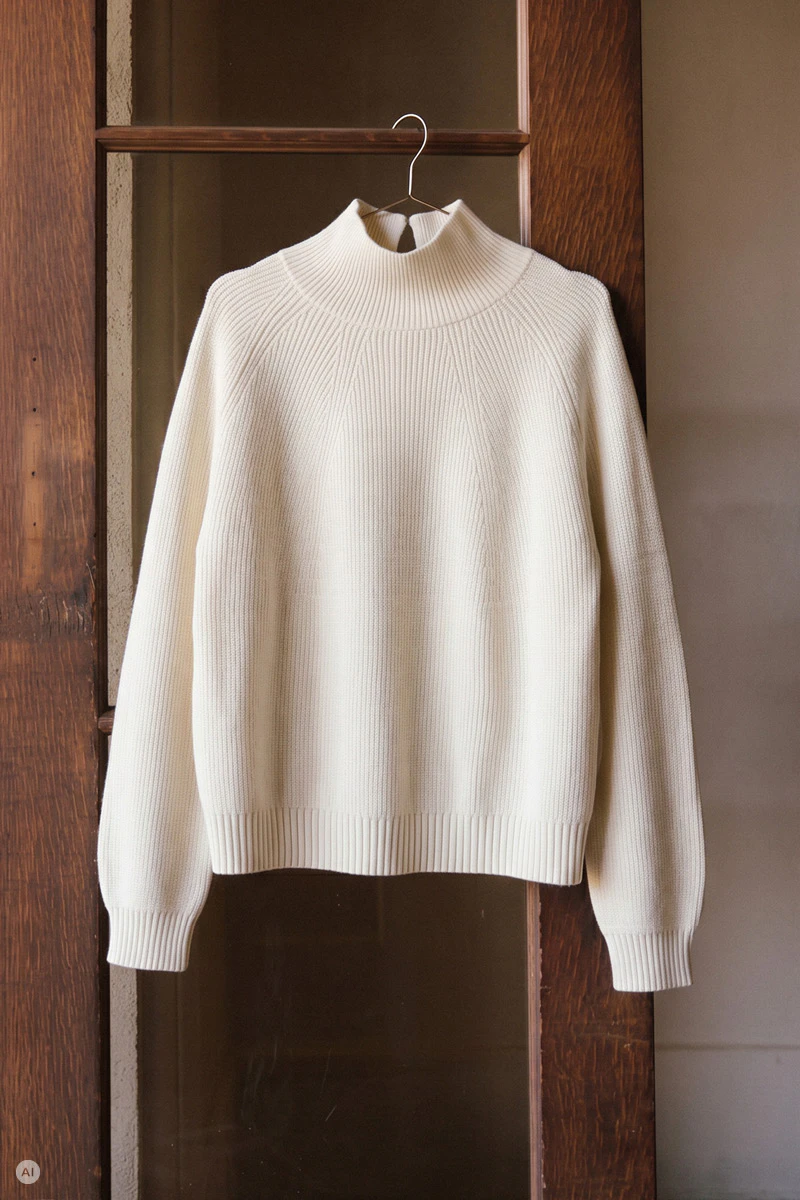 A cream-coloured knitted jumper with a stand-up collar on a coat hanger.