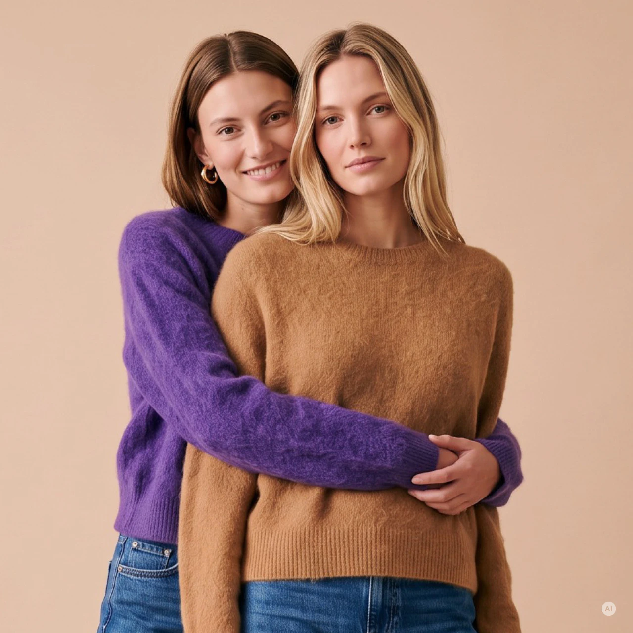 Two models in cosy knitted jumpers in purple and camel, paired with blue jeans. The blonde and brunette models are standing close together and embracing each other against a warm, beige background.