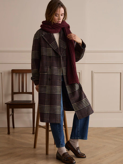 The model is wearing a dark brown checked coat with a burgundy scarf, jeans and brown loafers.