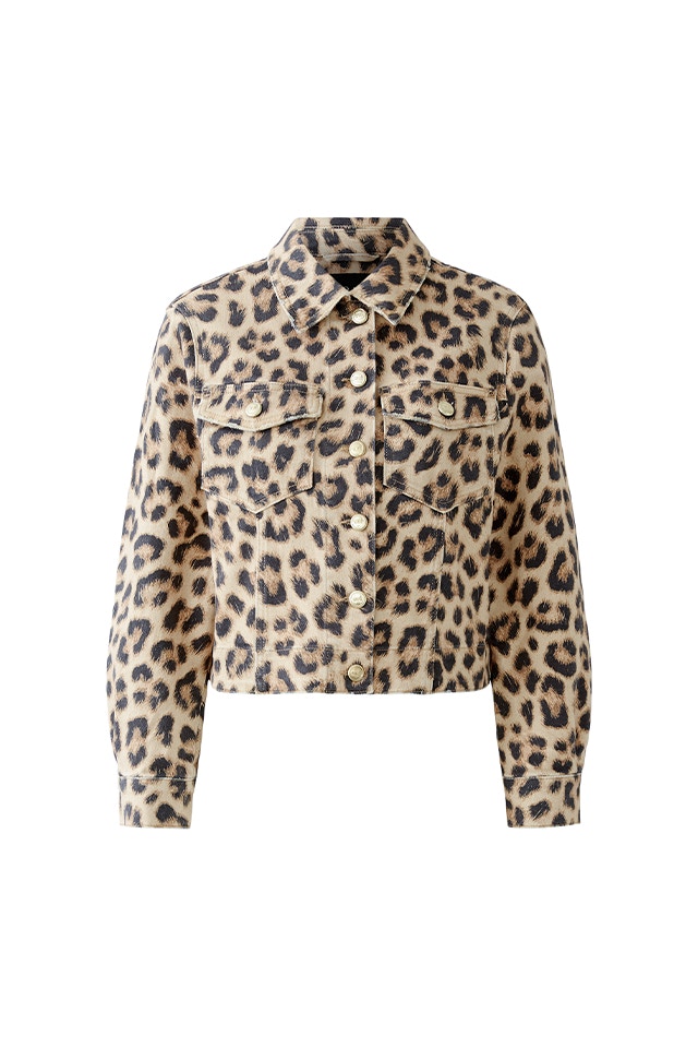 Denim jacket with leo pattern.