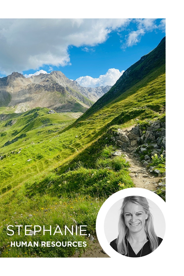 Mountain scenery with our colleague Stephanie from the Human Resources department showing her holiday look.