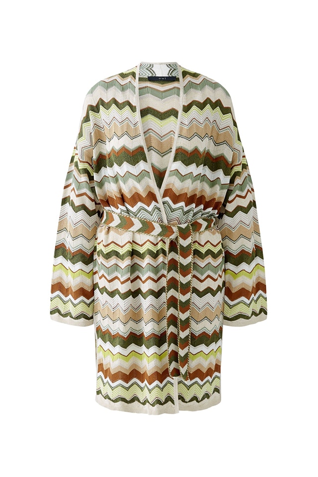 Strickjacke im zick zack Muster in mehreren Farben wie braun gruen beige mit Bindeguertel.