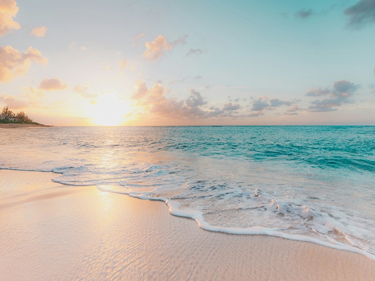 Ein Strand mit einer untergehenden Sonne.