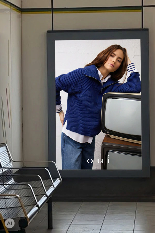 Oui advert featuring a model in a blue knitted jumper, a striped shirt and jeans, standing in front of a retro television.