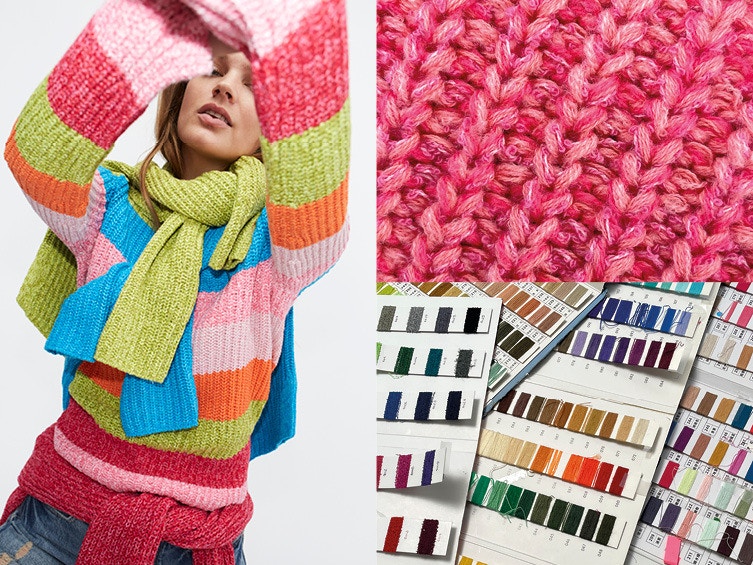 Collage of three elements: On the left, a woman wearing a colourful striped knitted jumper in pink, green, orange, blue and yellow with a matching scarf. Top right, a close-up of pink chunky knit. Bottom right, colour charts with yarn or fabric samples in many different shades.