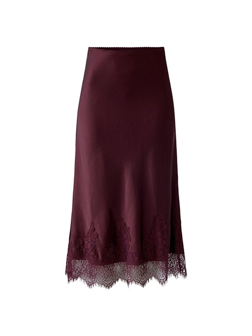 Burgundy-coloured slip-on skirt with a lace hem.