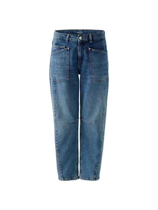 A pair of blue washed Barrell jeans.