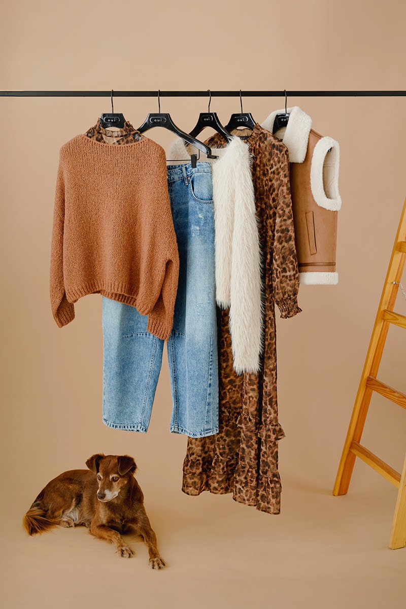 Clothes hanging on a pole. A brown jumper in front, jeans trousers behind, a white cardigan, a long leo dress and a waistcoat in brown with contrasting white. A cute dog is lying on the floor.
